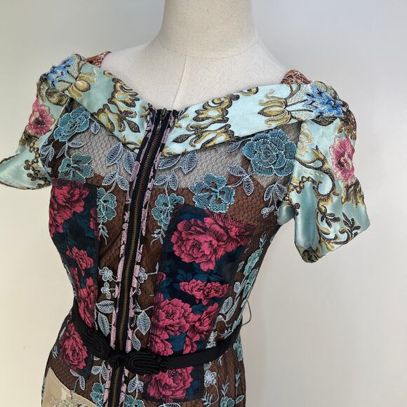 Anthropologie Beguile by Byron Lars Brocade Floral Dress Black Lace Sheath Mini - Picture 2 of 9